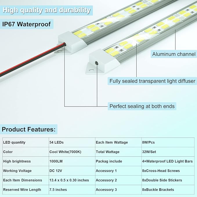 12V LED Light Bar Waterproof, 12V LED Light Strip 54 LEDs 7000K White Color - Image 3