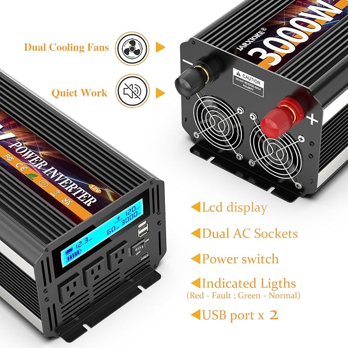 3000W Power Inverter 12V DC to AC 110V/120V 6000W Converter 3 sockets car - Image 7