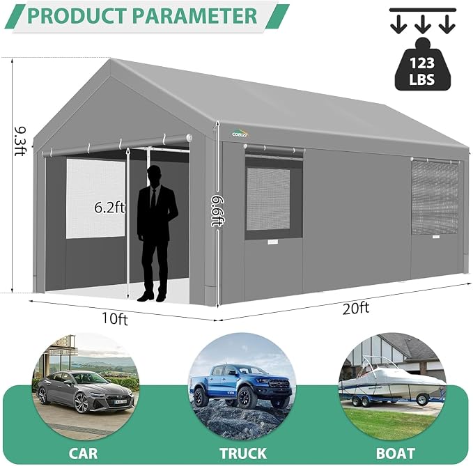 COBIZI Carport 10x20ft Heavy Duty Portable Garage, 2.0 Powder Coated Frame - Image 6