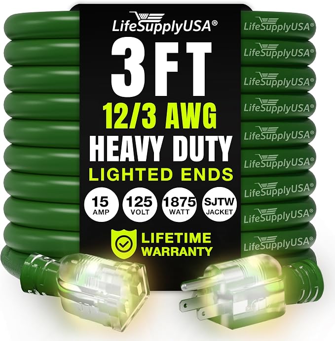 3ft Outdoor/Indoor Extension Cord 12/3 Gauge Extra Heavy Duty 3 Prong SJTW by LifeSupplyUSA
