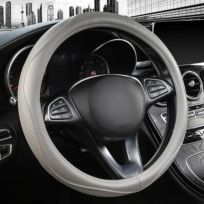 High-Grade Gray Genuine Leather Steering Wheel Cover by PJBTVZ
