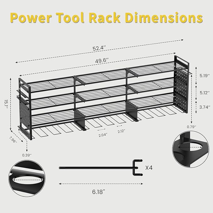 Power Tool Organizer Wall Mount, Pegboard Side Panels, 4 Long Hooks, Large Tool - Image 7