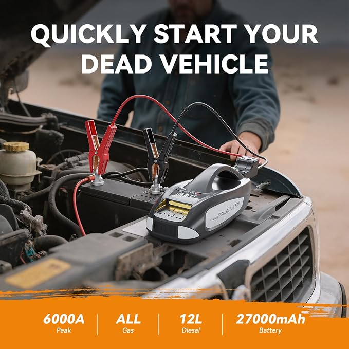 6000A Jump Starter with Air Compressor, 27000mAh 160PSI Portable Car Battery - Image 2