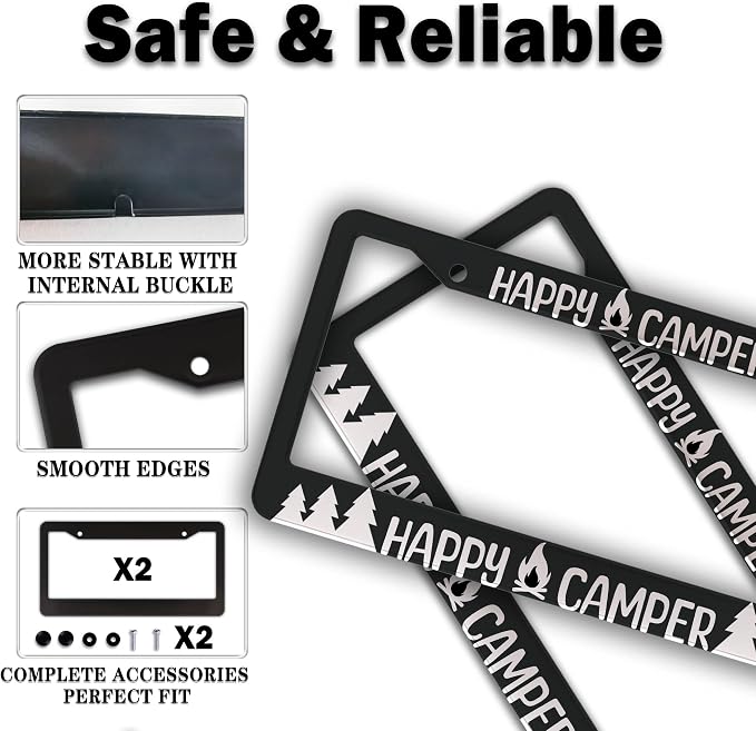 License Plate Frames Black and White Metal License Plate Frame Happy Camper - Image 4