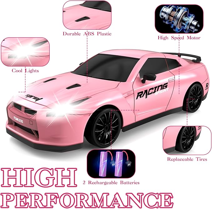 RC Drift Car, 1/24 Pink Remote Control Car - Image 3