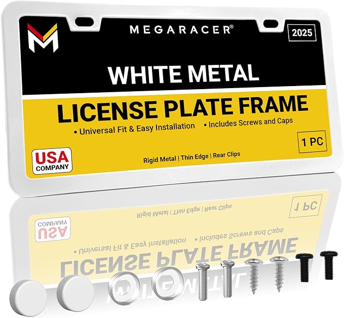 Premium Slim Sleek White License Plate Frame – 1 Pack, Rust-Free & Rattle-Free by MegaRacer