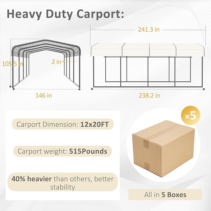 12x20 FT Outdoor Carport with Metal Roof, Heavy Duty Metal Carport Canopy - Image 4