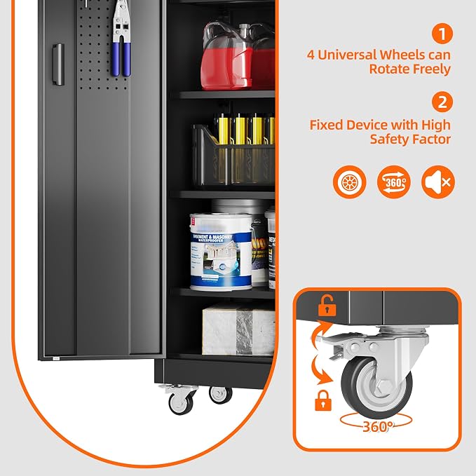 Garage Storage Cabinet with Wheels Pegboard and 5 Adjustable Shelves, Tool - Image 7