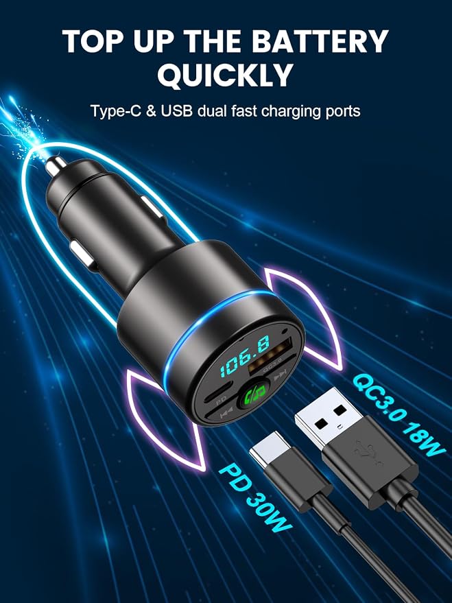 FM Transmitter for Car Bluetooth 5.3, PD 30W & QC3.0 18W Fast Car Charger - Image 3
