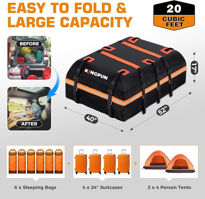 Kingfun Car Rooftop Cargo Carrier – Waterproof 20 Cubic Feet Car Roof Bag Fit - Image 4