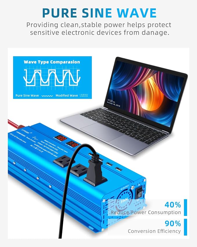 LVYUAN 1000 Watt Pure Sine Wave Inverter 12V to 110V 120V DC to AC - Image 6