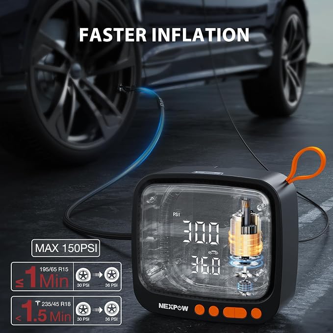 Tire Inflator Portable Air Compressor, NEXPOW 150PSI 12V DC Air Pump - Image 2