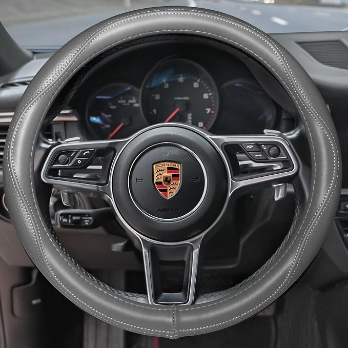 HAOKAY Top Grade Gray Genuine Leather Steering Wheel Cover Men Women, Luxury - Image 2