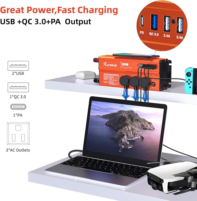 1000W Pure Sine Wave Inverter, Car Power Inverter, 12V DC to 110V AC Power - Image 3