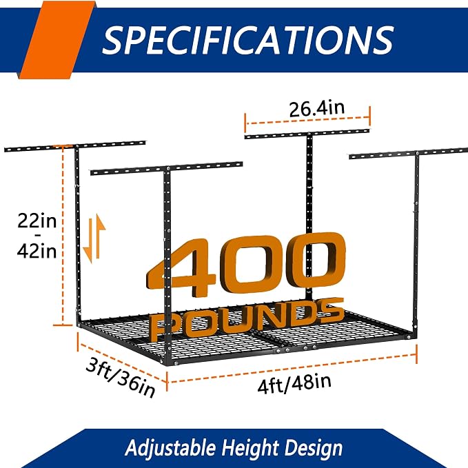 3 x 4FT Overhead Garage Storage Rack, Adjustable Ceiling Storage Racks - Image 3