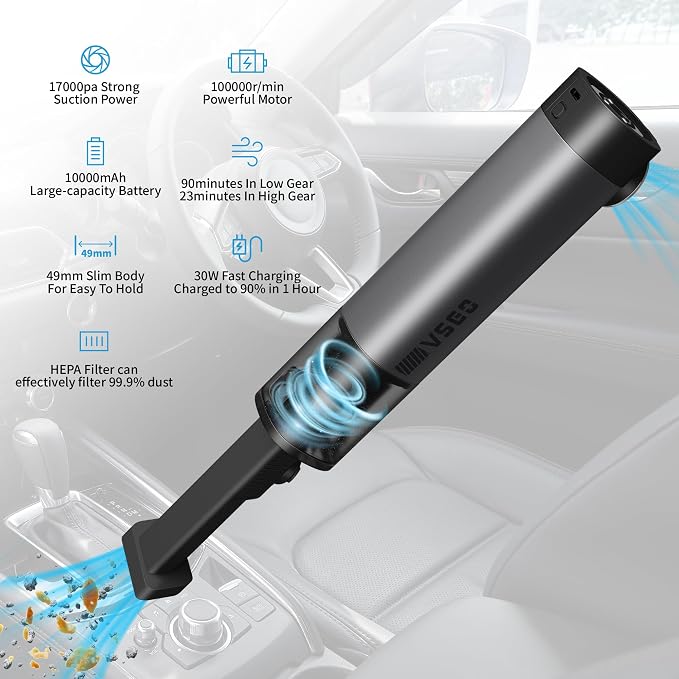 VSGO Cordless Car Vacuum, Compressed Electric Air Duster 17000Pa Suction - Image 7