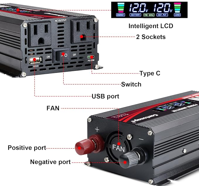 1200W/2400W Power Inverter DC 12V to 110V/120V AC Converter - Image 4