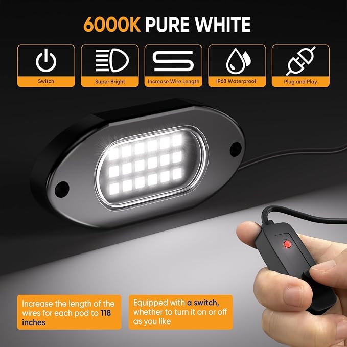 Honalia Pure White Rock Lights for Trucks 12 Pods, 6000K White LED Rock Lights - Image 2
