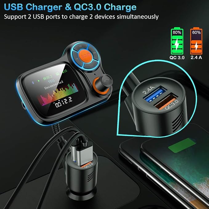TSNAM Wireless Car Bluetooth Adapter, Radio FM Transmitters HandsFree Call - Image 5