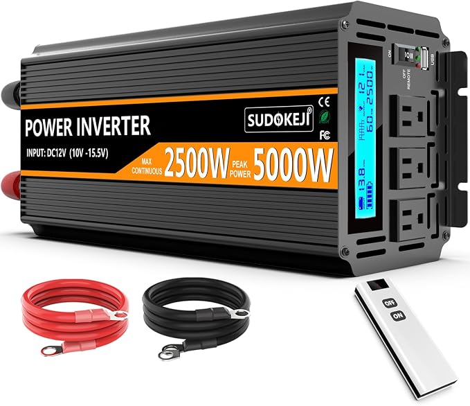SUDOKEJI 2500W Power Inverter 12V DC to AC 110V/120V 5000W Converter 3 sockets by SUDOKEJI