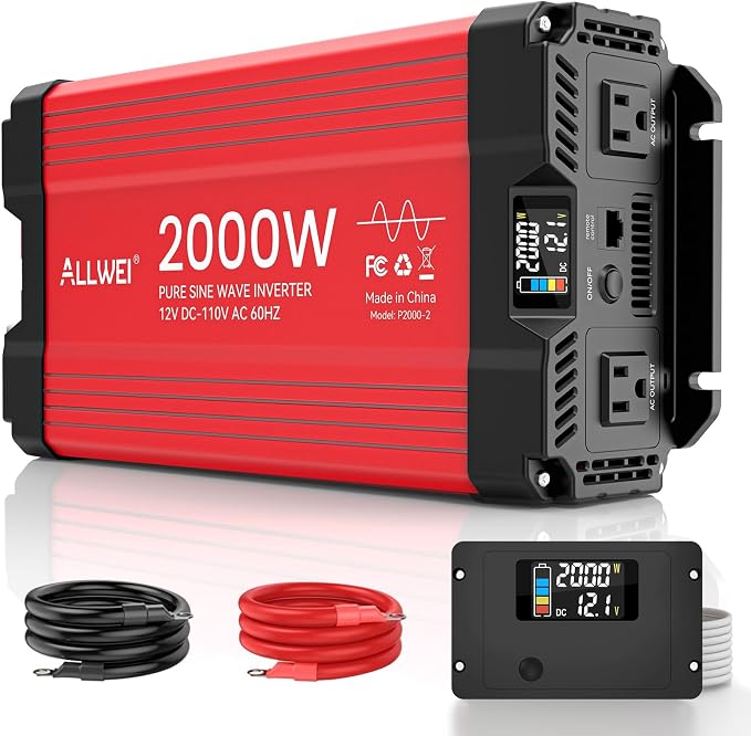 ALLWEI 2000W Pure Sine Wave Inverter 12V DC to 110V AC Converter, Surge 4000W by ALLWEI