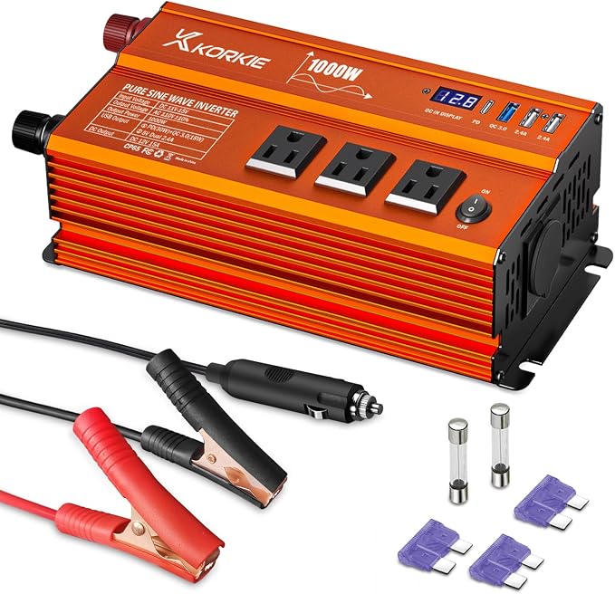 1000W Pure Sine Wave Inverter, Car Power Inverter, 12V DC to 110V AC Power by KORKIE