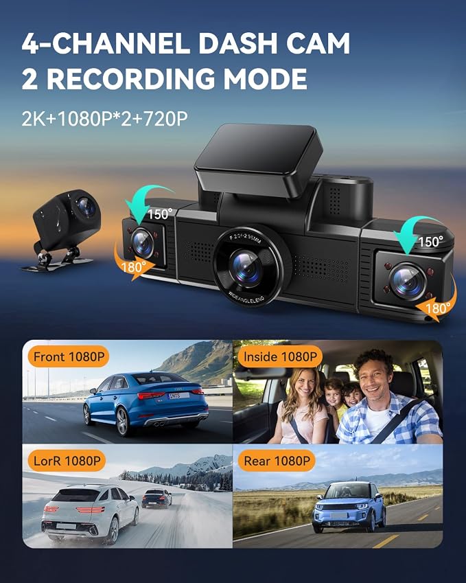 4 Channel Dash Cam 360° View, Front and Rear Inside Left Right, 2K Dash Camera - Image 3