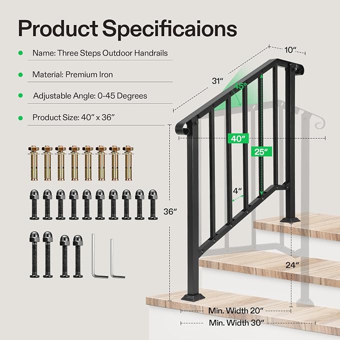 VIVOSUN Outdoor Handrail, 3 Step Stair Handrail, Wrought Mattle Iron Stair - Image 2