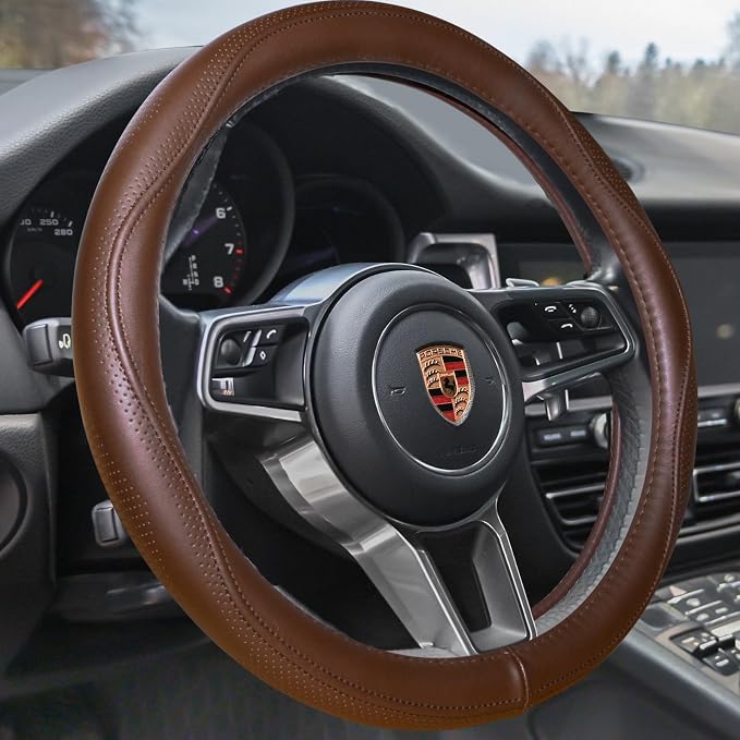 HAOKAY Top Grade Brown Genuine Leather Steering Wheel Cover Men Women, Luxury by HAOKAYAUTOPRODUCTS