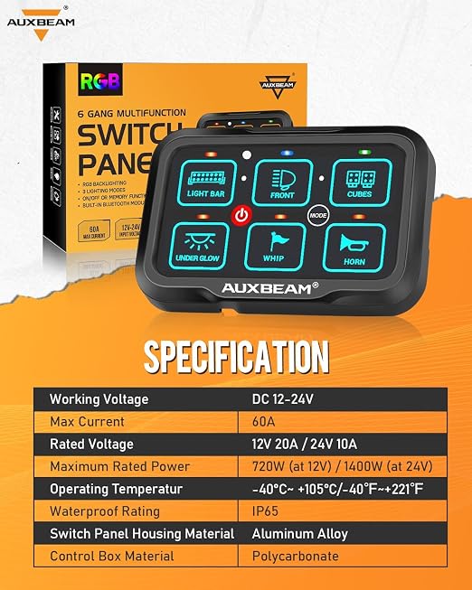 Auxbeam 6 Gang Switch Panel Bluetooth AR-600 RGB Large Button Auxiliary Switch - Image 8