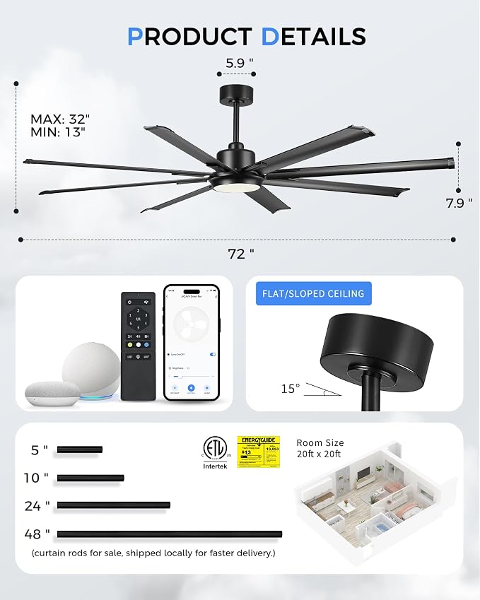 72 Inch Ceiling Fan With Light, Industrial Ceiling Fan With 8 Aluminium Metal - Image 6
