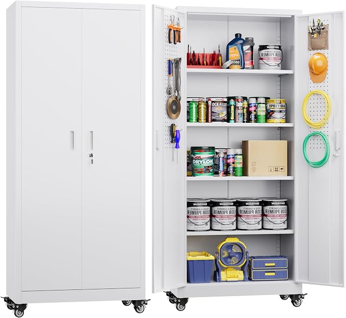 Garage Storage Cabinet with with Pegboard and Wheels, Tool Storage, Home Office by SUXXANFurniture