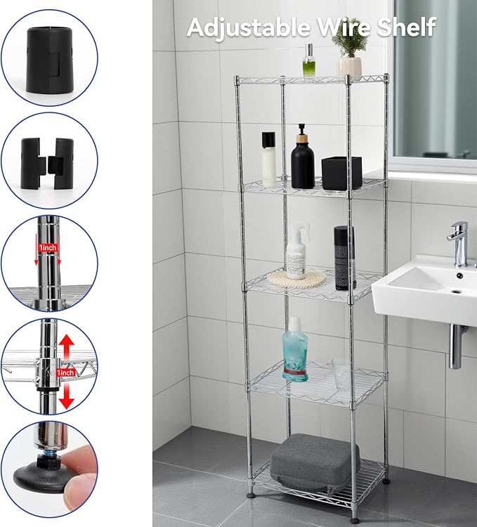 Chrome Small 5 Tiers Wire Shelving NSF Certified. Adjustable Storage Rack - Image 4