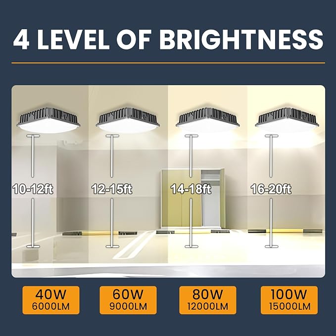 LED Canopy Light 100W, 40/60/80/100W Selectable, 5000K 15000Lumens Commercial - Image 3