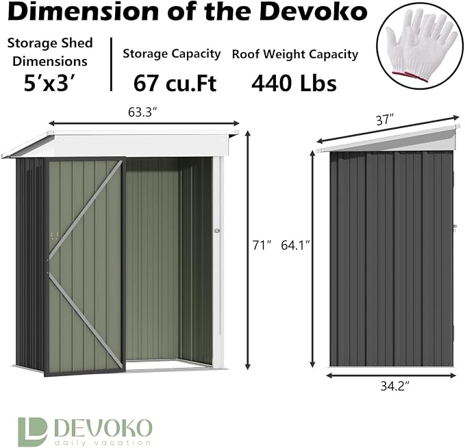 Devoko Outdoor Storage Shed 5 x 3 FT Lockable Metal Garden Shed Steel - Image 6