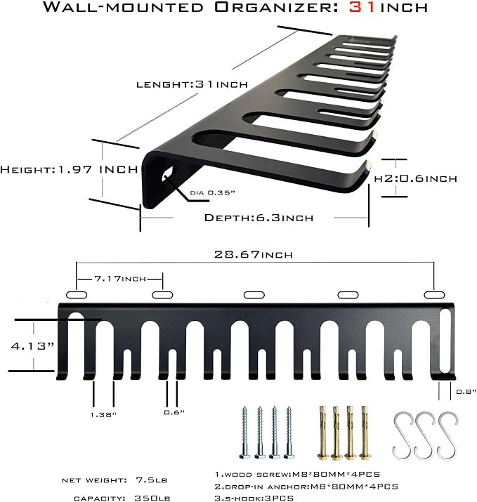 22‘’/25‘’/31‘’Black Wall-Mounted Tool Storage Rack, Suitable - Image 4