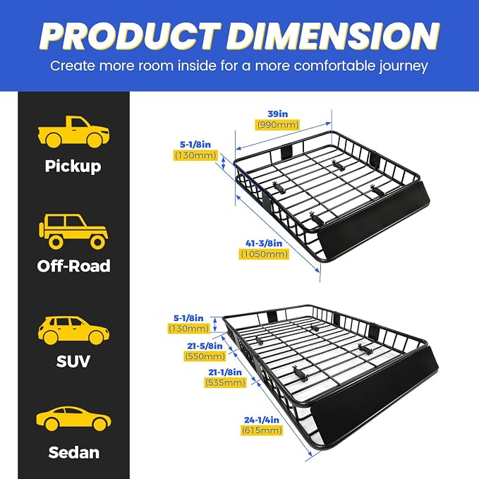 ECOTRIC 67" x 39" x 5.1'' Universal Roof Rack Cargo Carrier Basket - Image 3