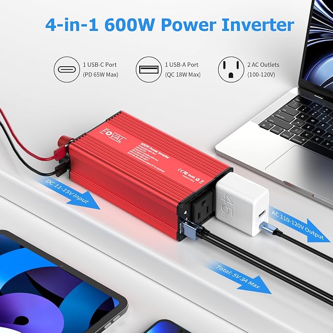 FOVAL 600W Power Inverter 12V DC to 110V AC Car Plug Adapter Outlet Converter - Image 2