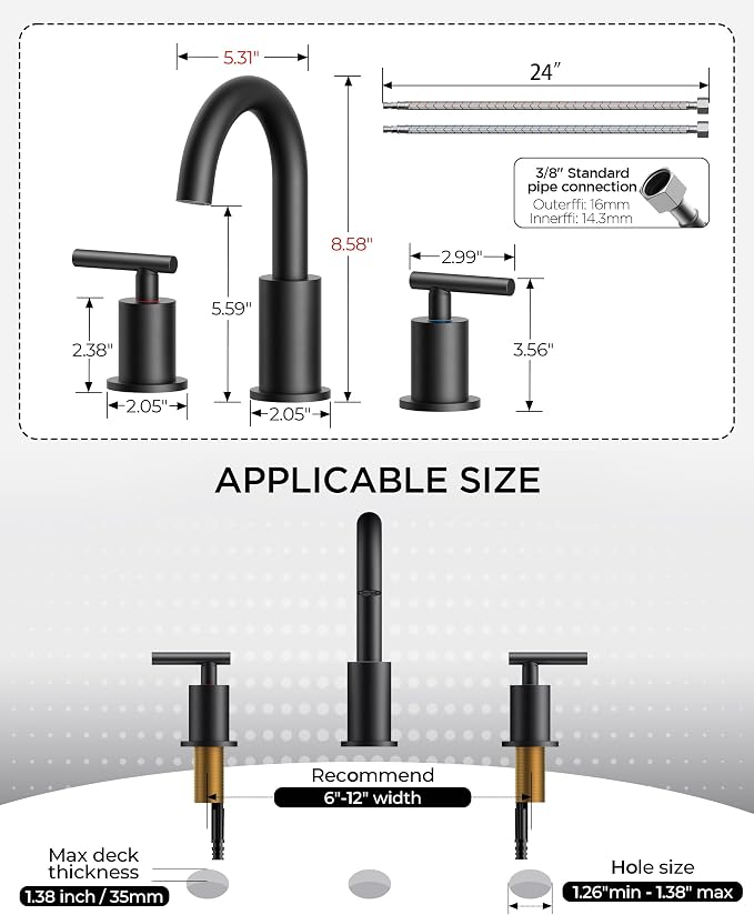 FORIOUS Bathroom Faucets 3 Hole, Matte Black Bathroom Sink Faucet 3 Hole Vanity - Image 8