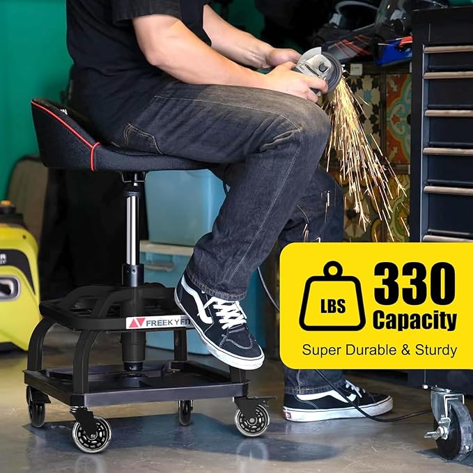 Rolling Shop Stool with Wheels, Garage Work Mechanic Stool with Backrest - Image 8