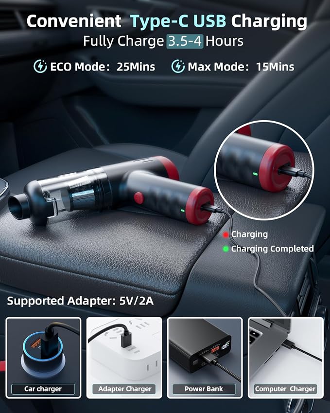2-in-1 Car Vacuum&Air Duster, 80W/16kpa/12KRPM/30 Mins, High Powerful Dust - Image 5