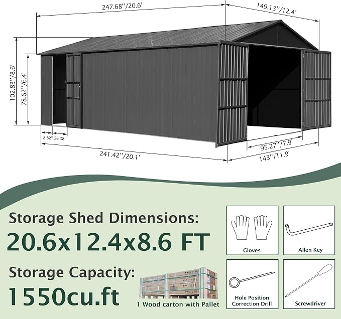 Domi 12’x20’ Outdoor Metal Garage Shed, All Weather Enclosed Carport - Image 2