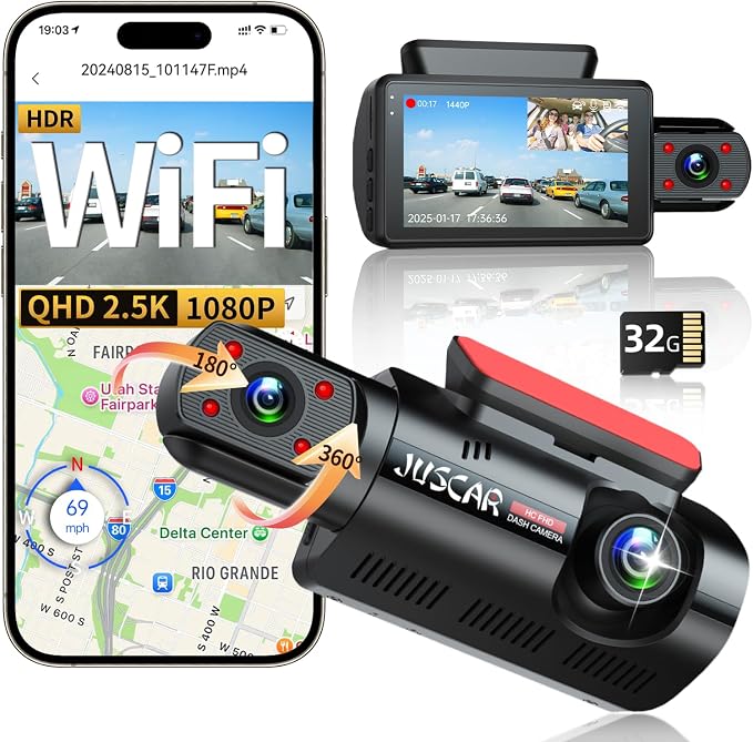 2.5K+1080P Dual Dash Cam Front and Inside, WiFi & GPS Dash Camera by Juscar