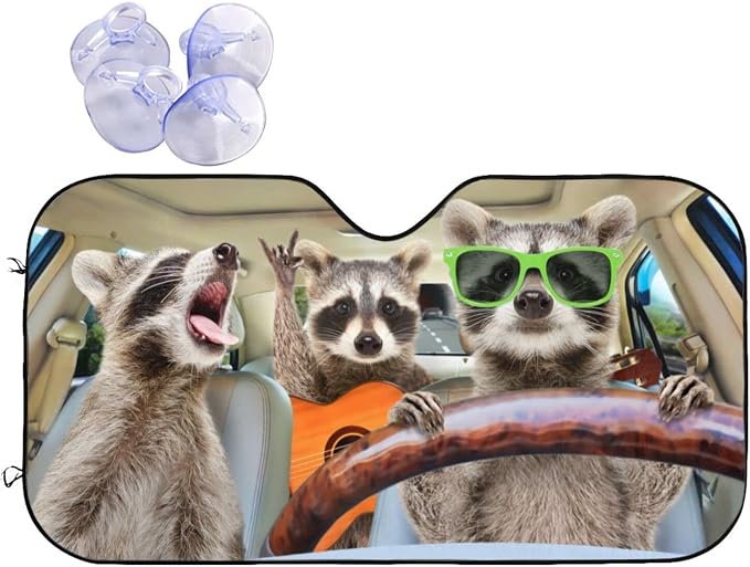 Raccoon Driving Car Windshield Sunshade Front Window Sun Visor Protector by mutakin