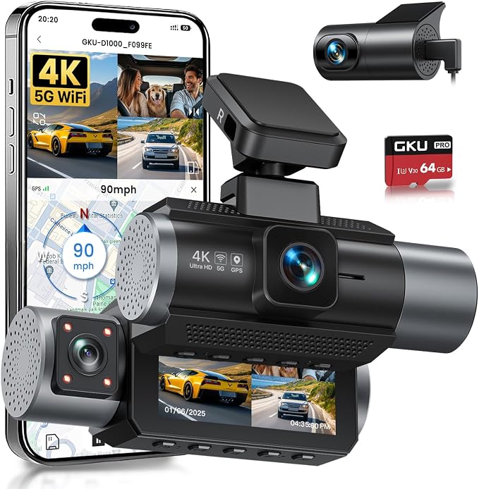 GKU 4K 3 Channel Dash Cam, 5.8GHz WiFi Built-in GPS, 4K+1080P+1080P Dash Cam by GKUdashcam
