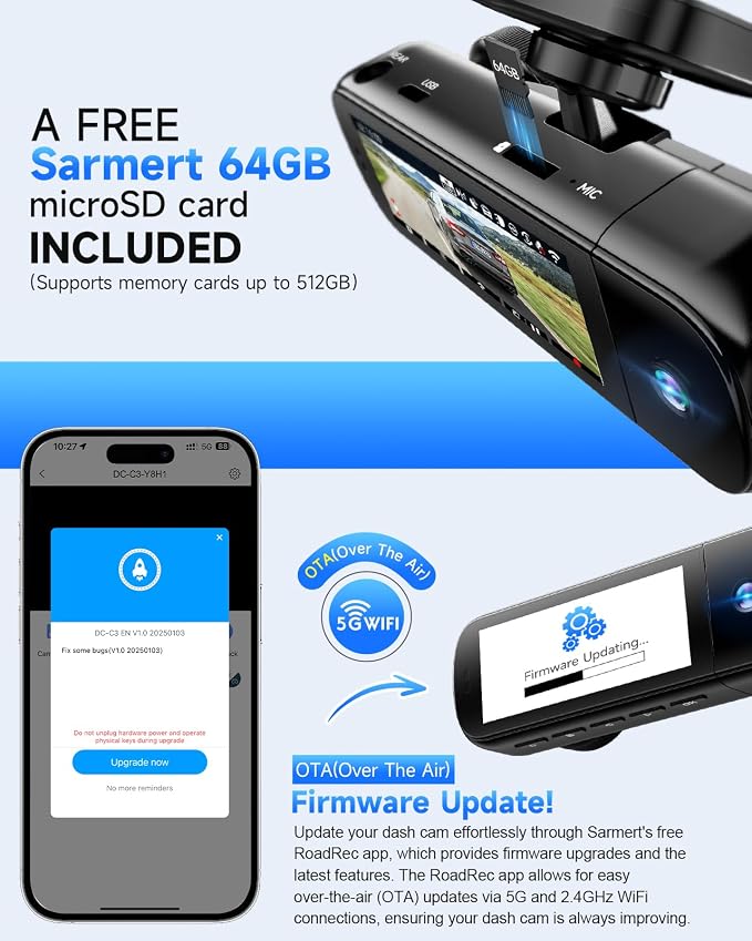 3 Channel Dash Cam, SARMERT 4K Dash Cam Front Inside and Rear - Image 6