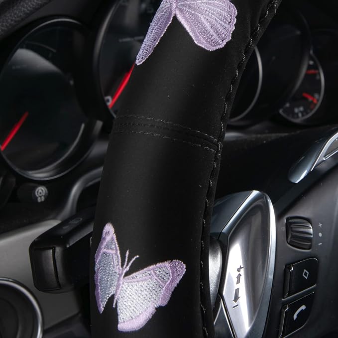Car Pass Purple Embroidery Butterfly Steering Wheel Cover, Universal 15 Inch - Image 4