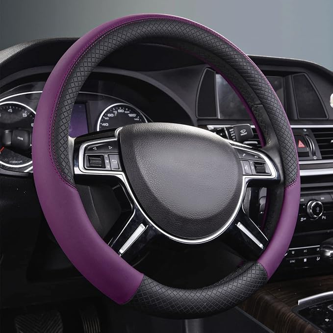 CAR PASS Rhombus Leather Universal Steering Wheel Cover, Fit - Image 3