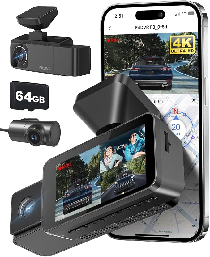 4K 3 Channel Dash Cam, 2160P+1080P+1080P Front and Rear Inside Car Camera by FitDVR