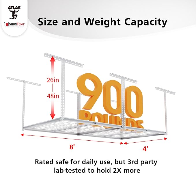 The Atlas 4 x 8 ft Adjustable Height Overhead Garage Storage Rack 900 lbs Heavy - Image 2
